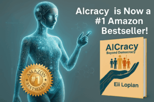 AIcracy Amazon Bestseller badge next to futuristic AI and book cover