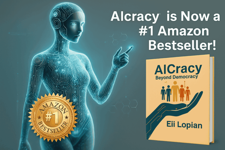 AIcracy Amazon Bestseller badge next to futuristic AI and book cover