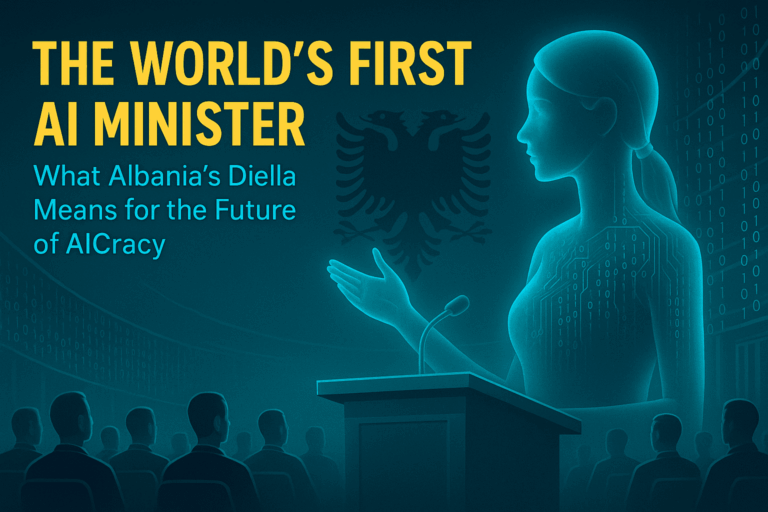 Futuristic depiction of Diella, the world’s first AI minister, with data overlays and government symbols — AICracy concept