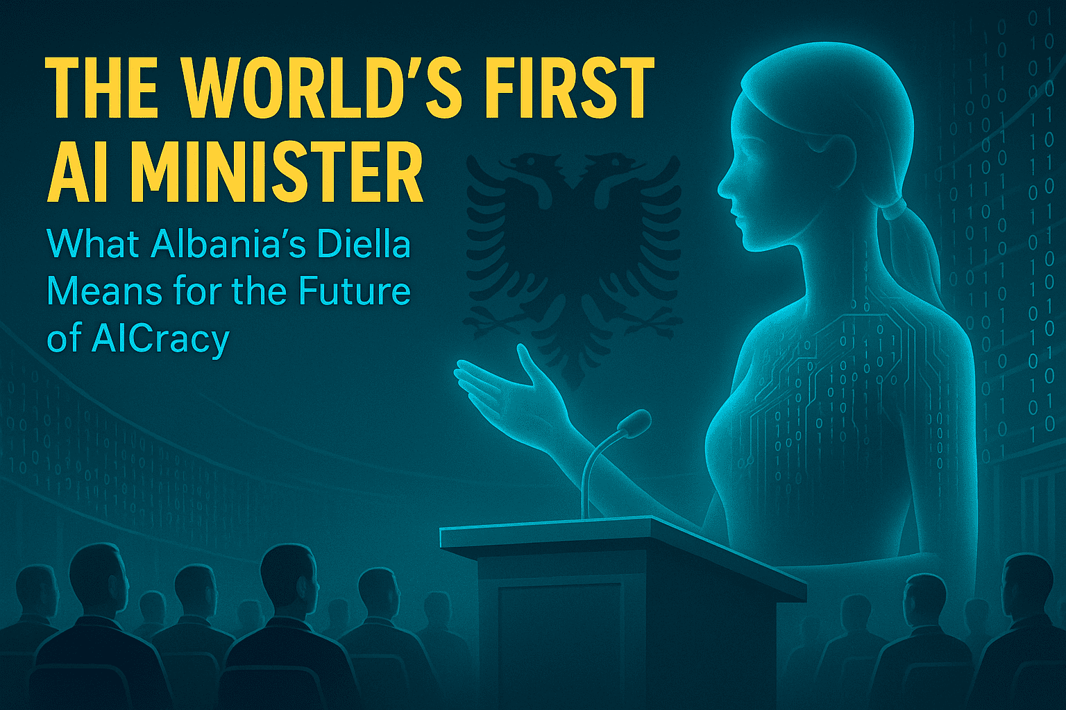 Futuristic depiction of Diella, the world’s first AI minister, with data overlays and government symbols — AICracy concept
